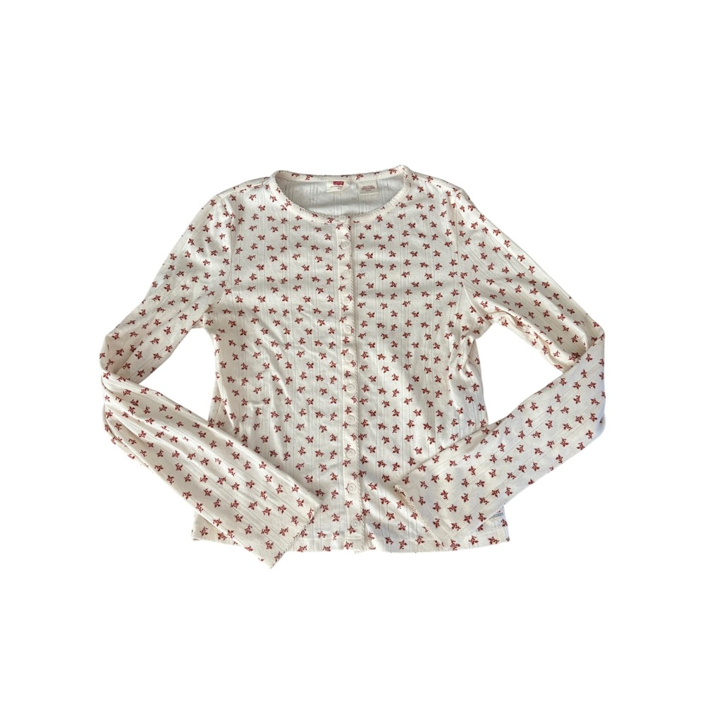 Levis Dry Goods Womens Floral Pointelle Knit Button Top Cream Red Size M